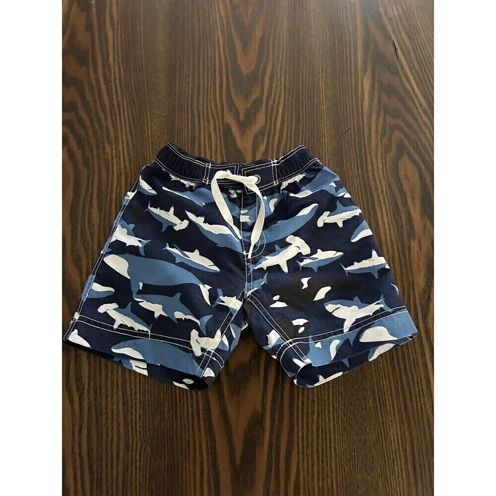 Hanna Andersson Shark Print Swim Shorts‎ Sz 2 / 80 cm Blue White Trunks toddler